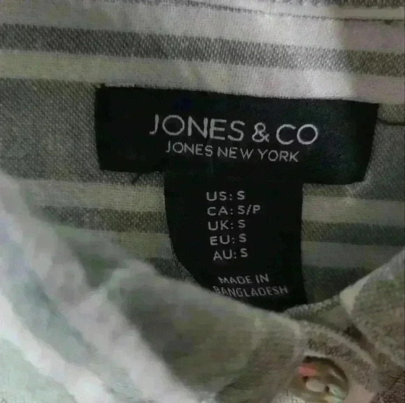 Jones and Co button-down long sleeve blouse. Sage green and white striped. - Picture 3 of 6